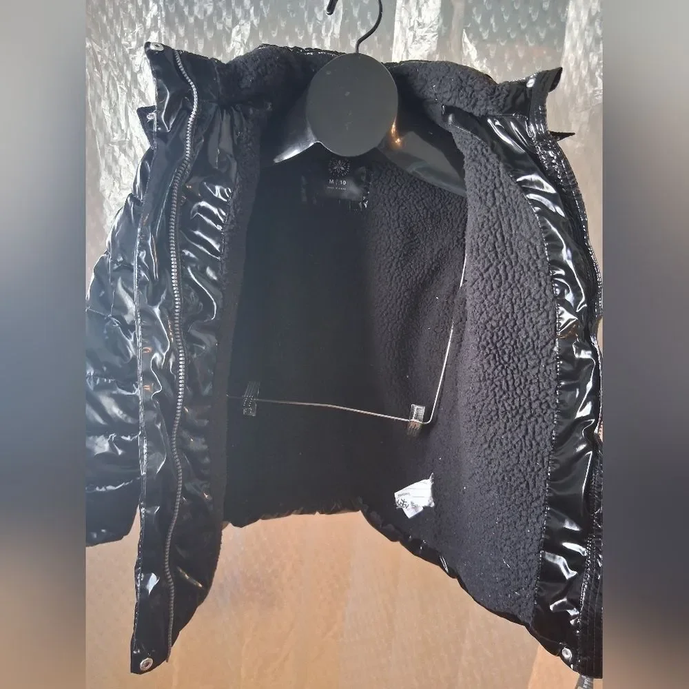 Justice Shiny Black Puffer Jacket with High Collar Sz M-10 Preowned